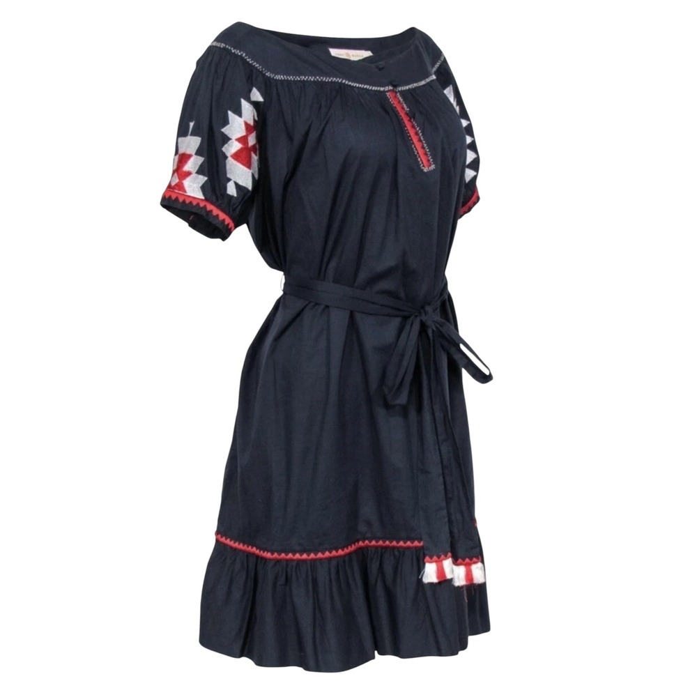 Tory Burch Alicia Dress Navy Sea Embroidered Cotton Mini Tassel Belt 8 NEW 38321 - Picture 3 of 14